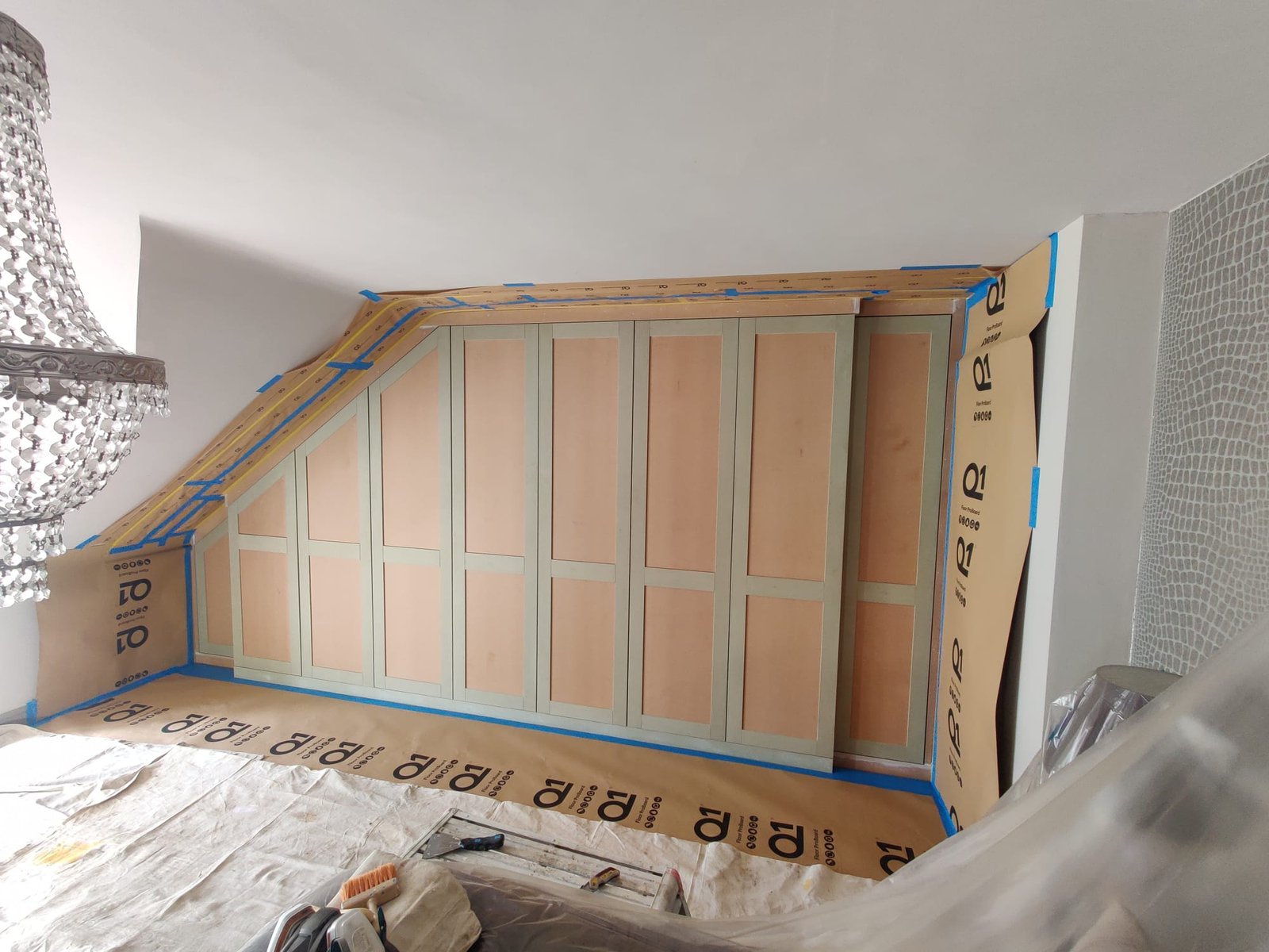 Built-in wardrobe fully primed and masked ready for spraying